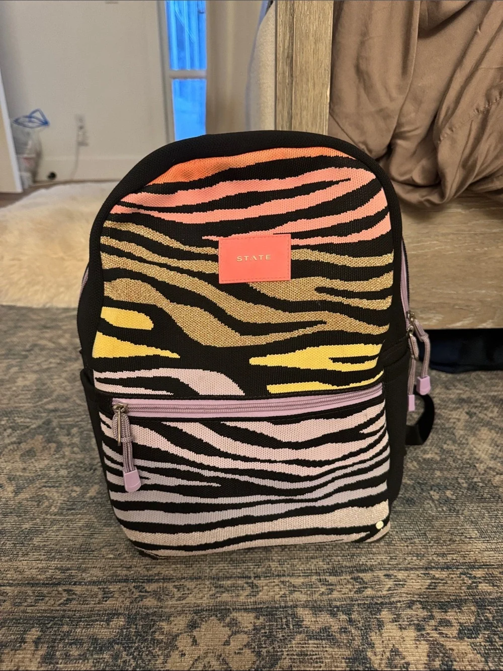 STATE Bags Kane Backpack in Zebra Print- Pink, Yellow, Gold, Lavender & Black